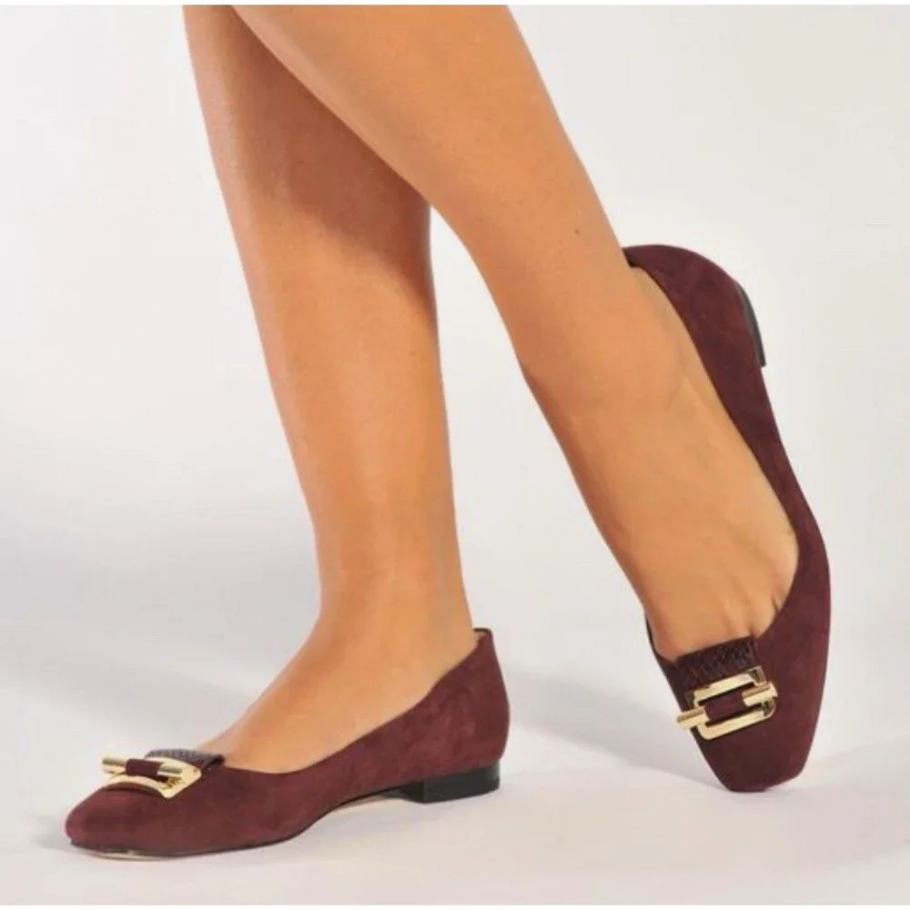 Michael Kors Gloria Women's 7.5 Plum Suede Ballet Flats Gold Buckle Slip-On Shoe